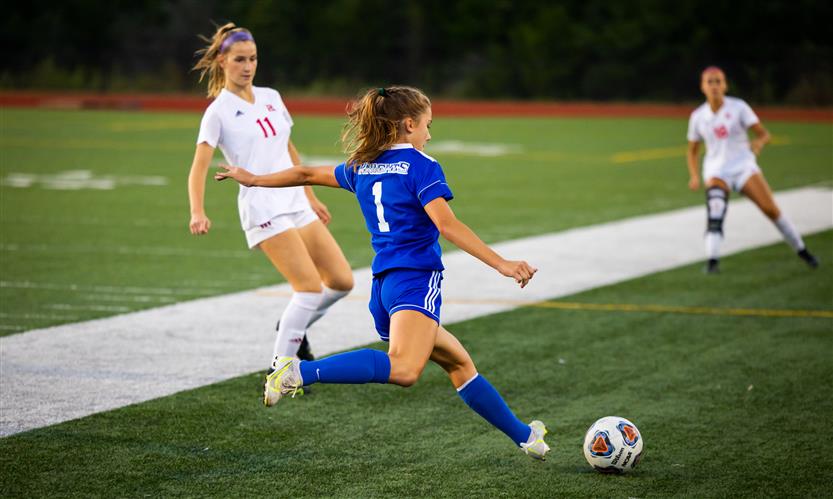 A soccer player prepares to kick the ball